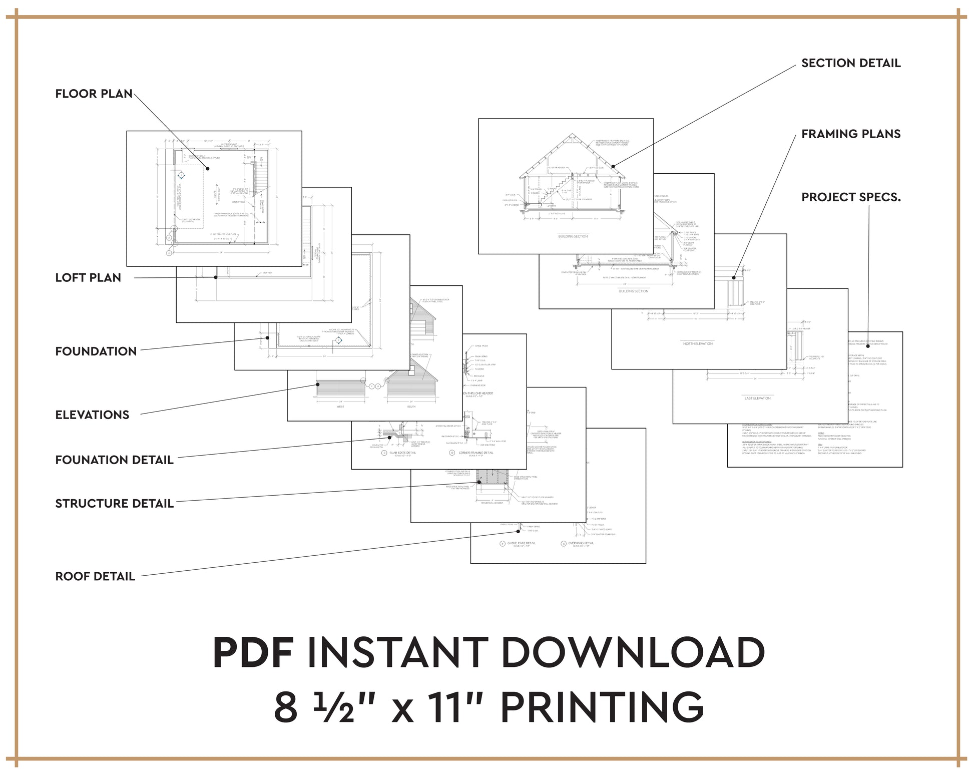 A digital listing graphic for a PDF instant download of architectural blueprints. The graphic shows layered sample plan drawings with labels pointing to floor plan, loft plan, foundation, elevations, structure detail, roof detail, framing plans, and section detail.