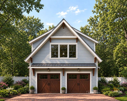 exterior image of a farmhouse style ADU garage apartment, with 2 standard wooden garage doors, baby blue exterior siding, and gable style roof