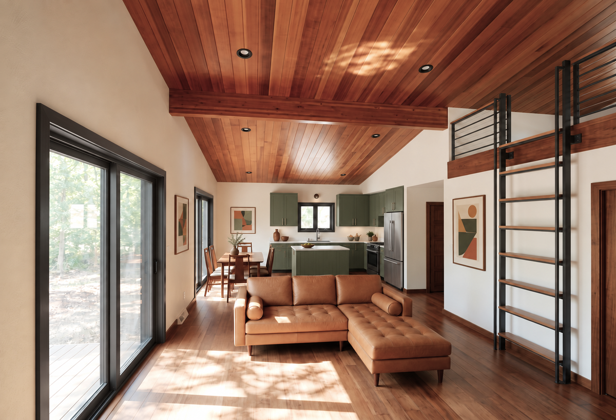 Interior photo of a modern MCM style cabin with vaulted wooden ceiling, large glass sliding doors, a ladder to the sleeping loft.