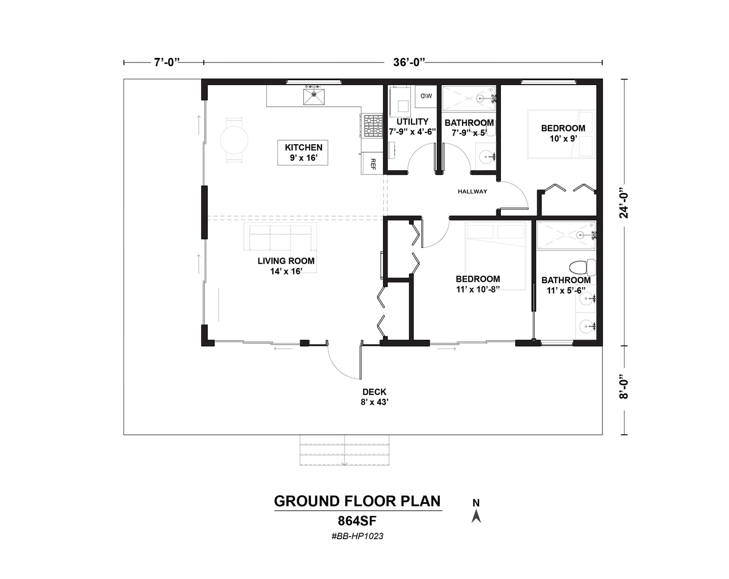Ground floor plan architectural floor drawing showing room layout with dimensions, labels for kitchen, living room, bedrooms, bathroom, utility, and deck, on a white background.