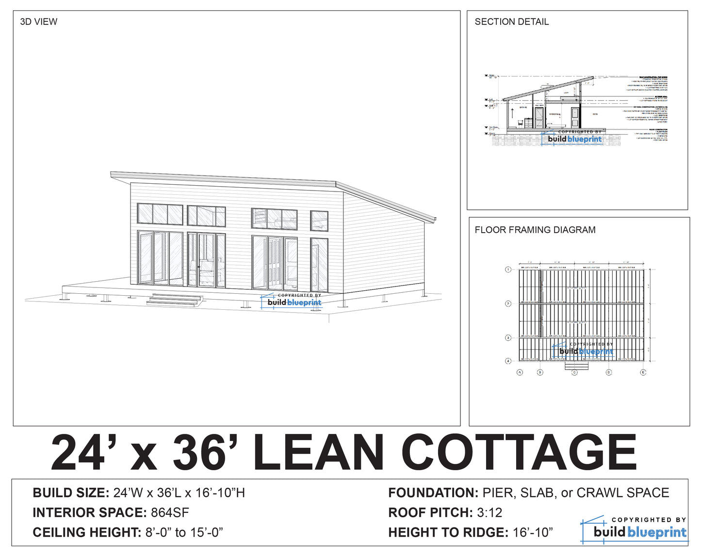 Architectural blueprint and 3D rendering of a lean cottage home plan, showing a front elevation view, section detail, floor framing diagram, and specifications for a 24' x 36' cottage.