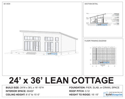 Architectural blueprint and 3D rendering of a lean cottage home plan, showing a front elevation view, section detail, floor framing diagram, and specifications for a 24' x 36' cottage.