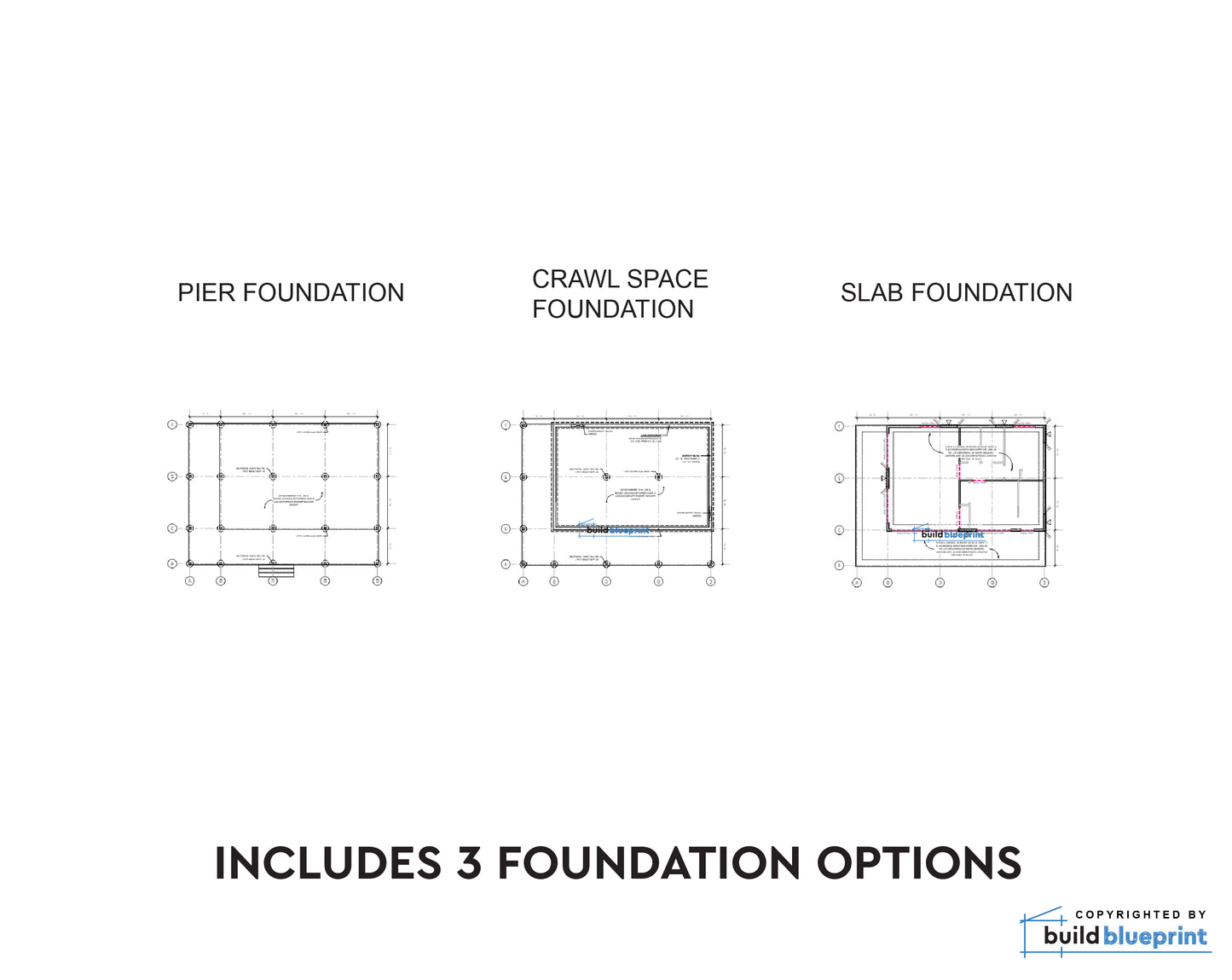 A white informational graphic showing three foundation plan diagrams labeled PIER FOUNDATION, CRAWL SPACE FOUNDATION, and SLAB FOUNDATION, with the text 'INCLUDES 3 FOUNDATION OPTIONS' below. A small 'build blueprint' mark appears in the bottom right corner.