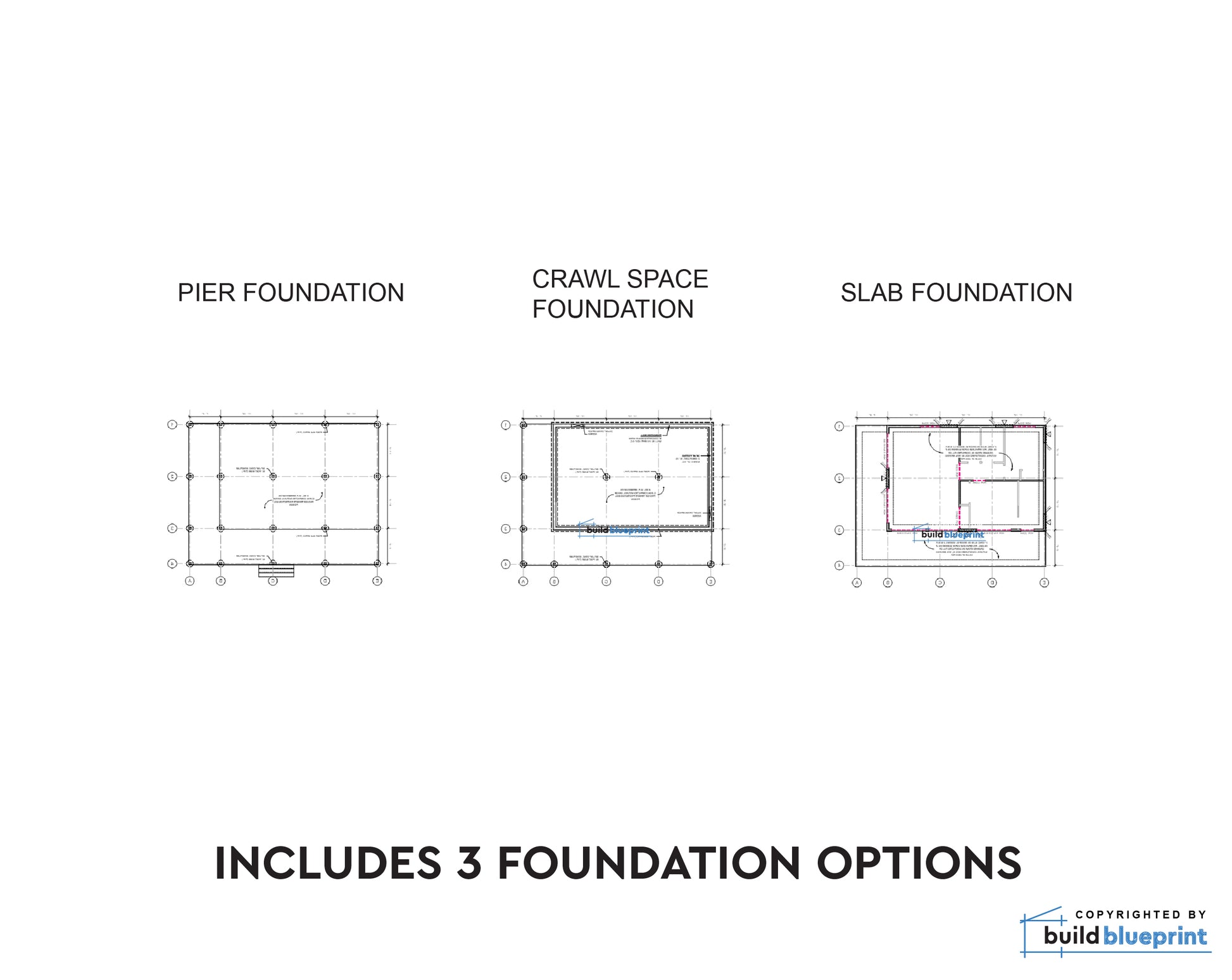 A white informational graphic showing three foundation plan diagrams labeled PIER FOUNDATION, CRAWL SPACE FOUNDATION, and SLAB FOUNDATION, with the text 'INCLUDES 3 FOUNDATION OPTIONS' below. A small 'build blueprint' mark appears in the bottom right corner.