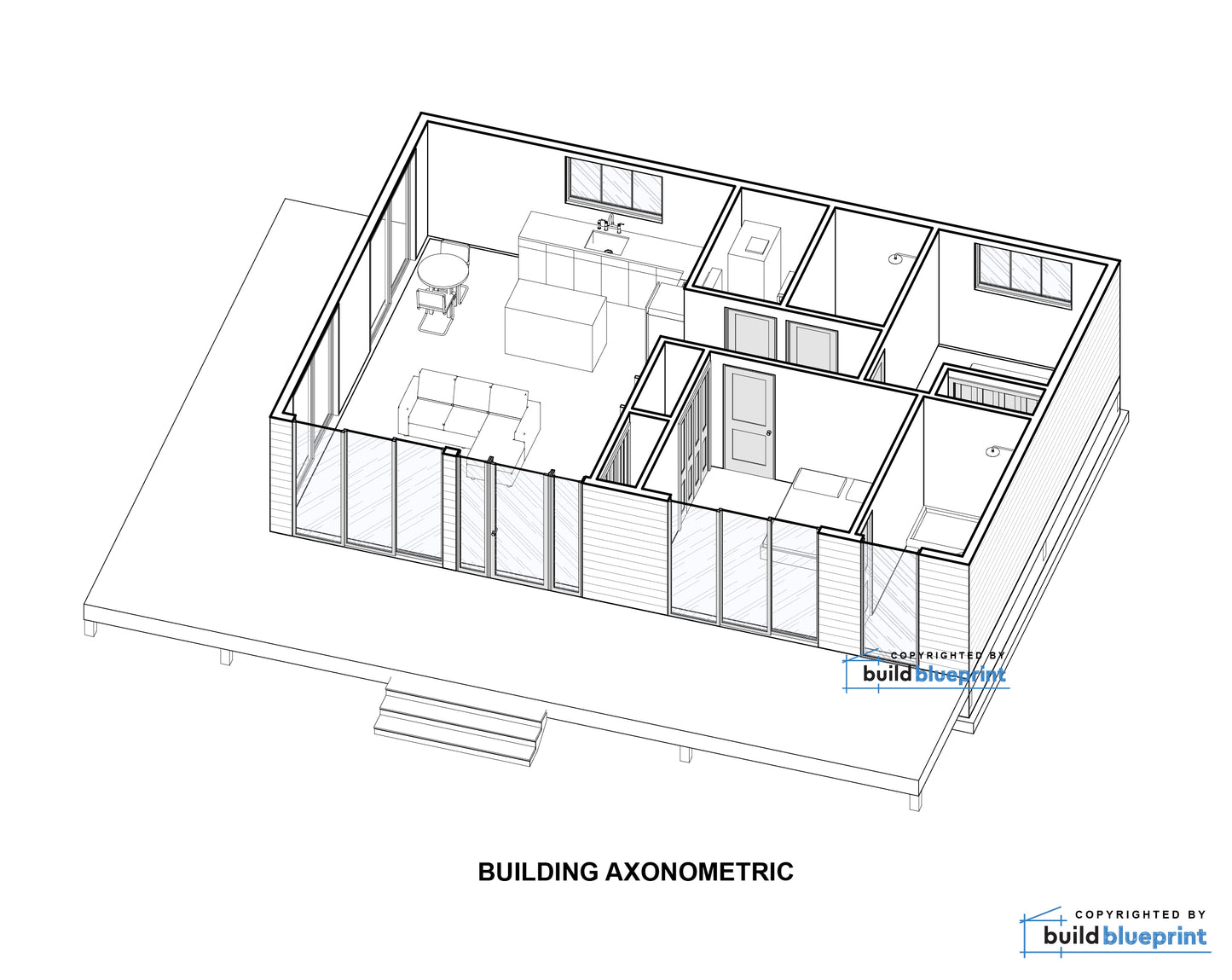 An isometric line drawing of a modern house floor plan labeled 'BUILDING AXONOMETRIC' on a white background, with small 'buildblueprint' copyright marks and text at the bottom right.