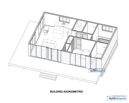 An isometric line drawing of a modern house floor plan labeled 'BUILDING AXONOMETRIC' on a white background, with small 'buildblueprint' copyright marks and text at the bottom right.