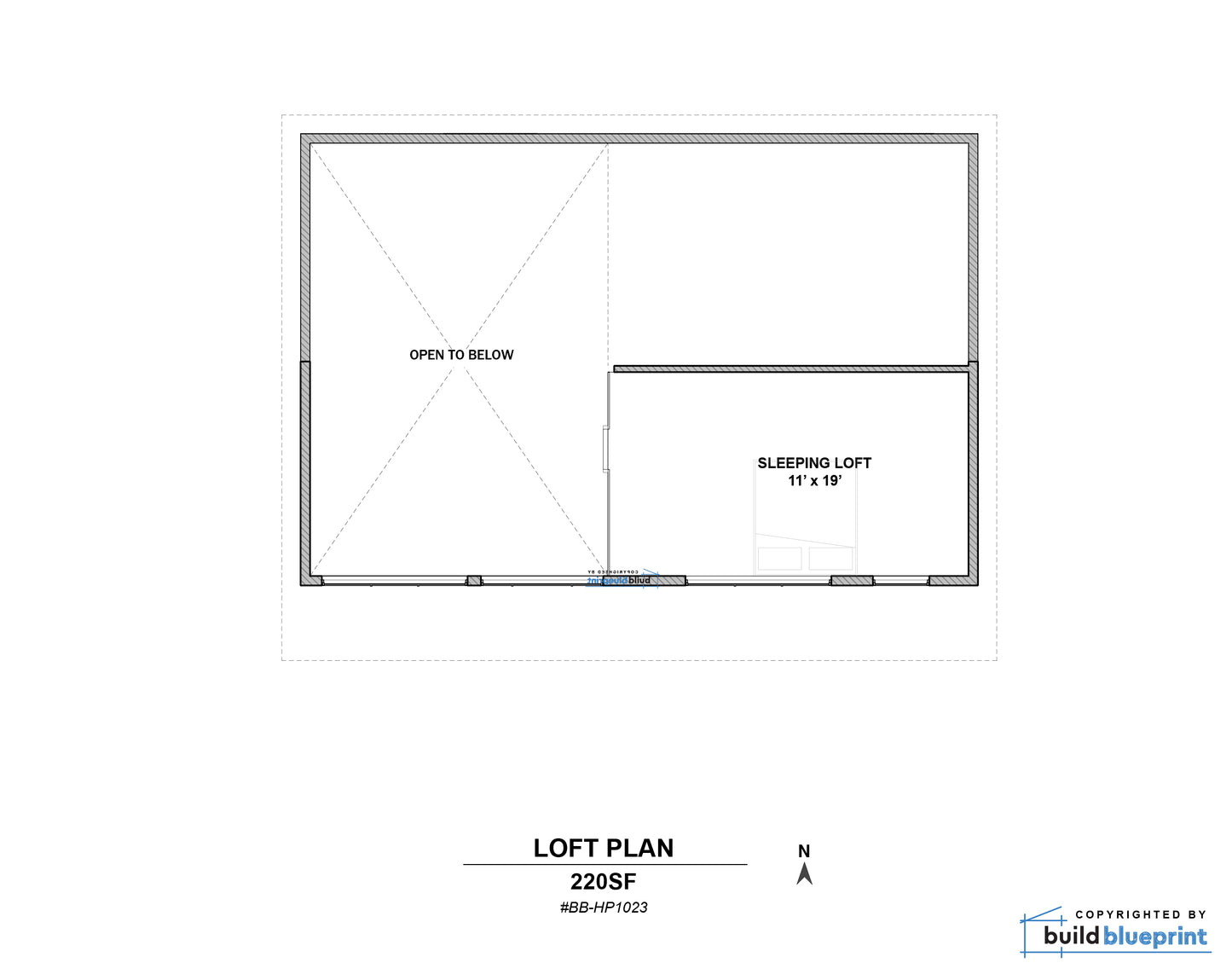 A black-and-white architectural floor plan labeled 'LOFT PLAN' with a sleeping loft room marked 11 x 18, plus notes reading 'OPEN TO BELOW' and 'SLEEPING LOFT 11' x 18'. A small 'build blueprint' mark appears in the lower right.