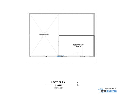 A black-and-white architectural floor plan labeled 'LOFT PLAN' with a sleeping loft room marked 11 x 18, plus notes reading 'OPEN TO BELOW' and 'SLEEPING LOFT 11' x 18'. A small 'build blueprint' mark appears in the lower right.
