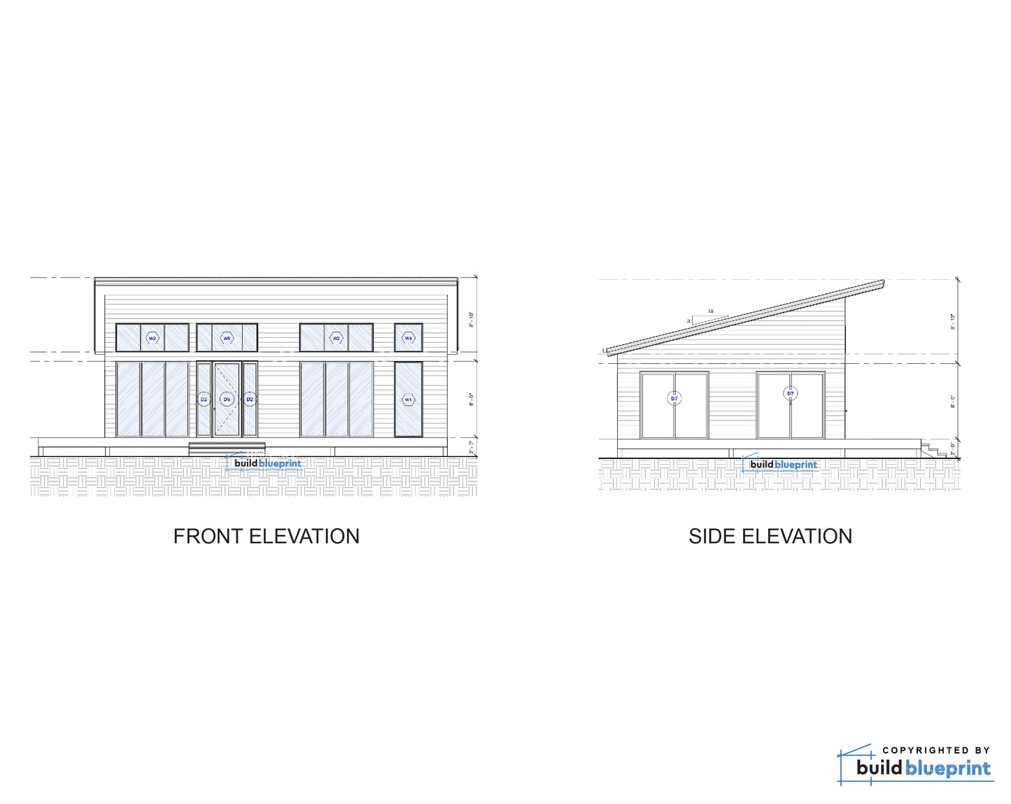 Architectural elevation drawings showing front and side elevations of a modern house, with dimensions and a small BuildBlueprint logo at the bottom right.