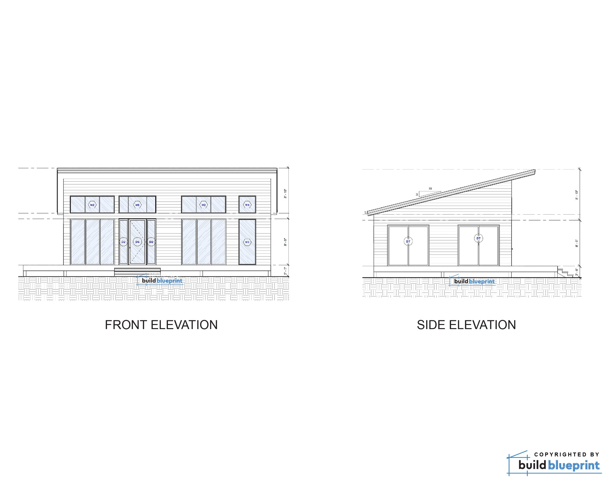 Architectural elevation drawings showing front and side elevations of a modern house, with dimensions and a small BuildBlueprint logo at the bottom right.