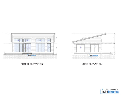 Architectural elevation drawings showing front and side elevations of a modern house, with dimensions and a small BuildBlueprint logo at the bottom right.