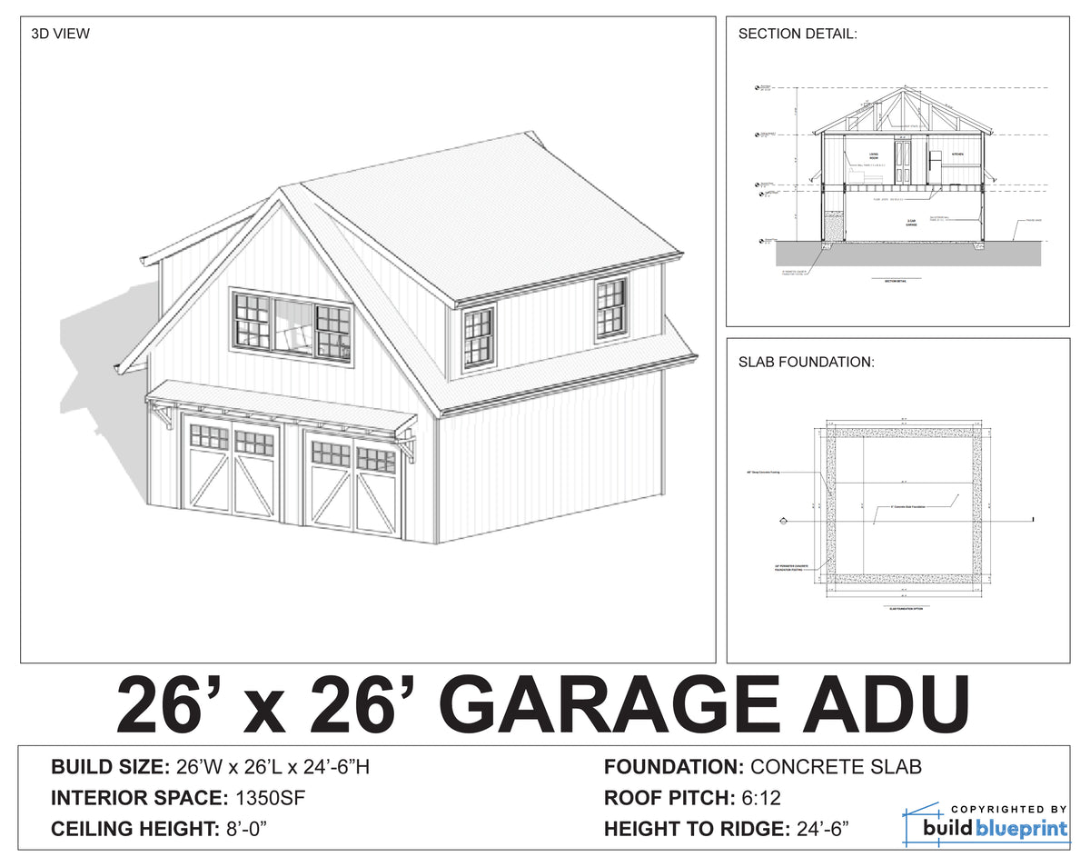 26' x 26' Two Car ADU Garage Loft Architectural Plans – Build Blueprint