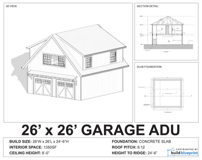 26' x 26' Two Car ADU Garage Loft Architectural Plans