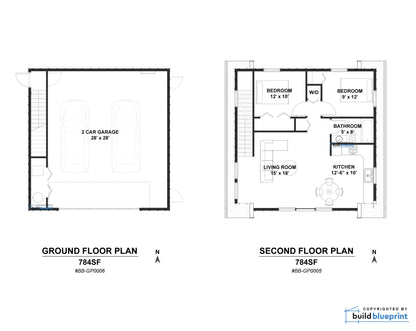 28' x 28' Two Car ADU Garage Loft Architectural Plans