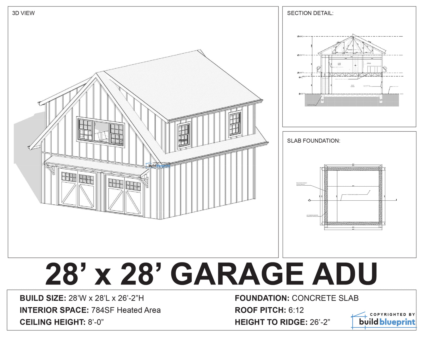 28' x 28' Two Car ADU Garage Loft Architectural Plans