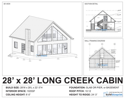 28' x 28' Long Creek Cabin Architectural Plans