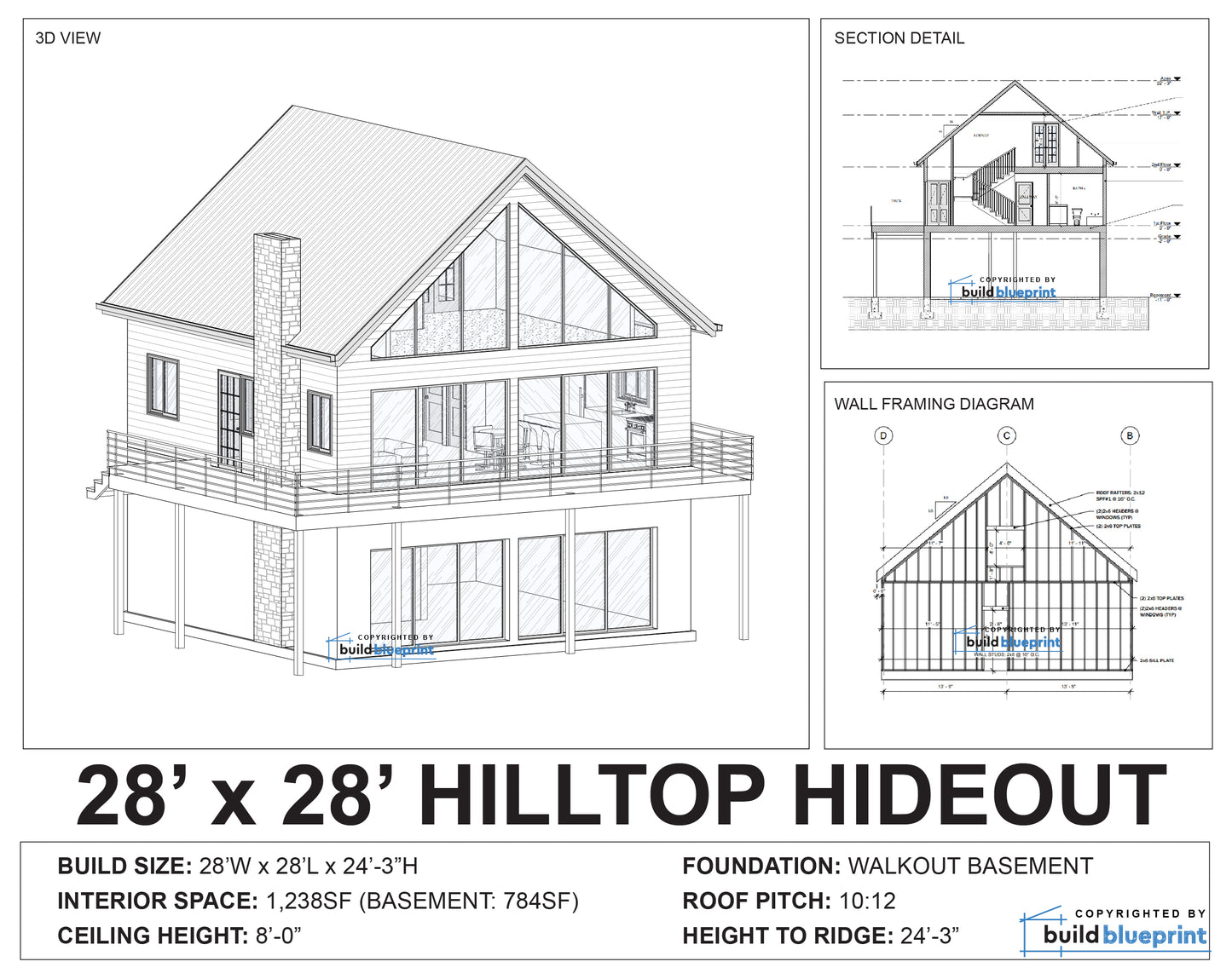 28' x 28' Hilltop Hideout Cabin Architectural Plans