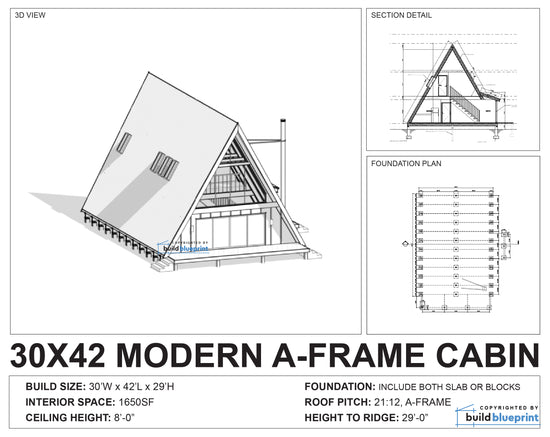 30' x 42' Modern A-Frame Cabin Architectural Plans – Build Blueprint