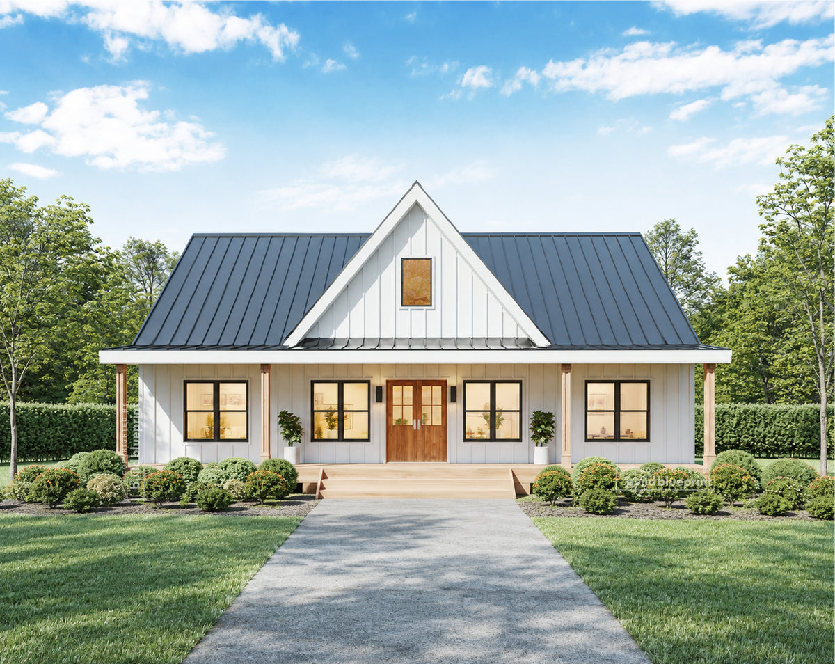A front elevation photo of an large modern farmhouse style cabin with white board and batten exterior siding, black metal roof, and double wooden front entry doors.