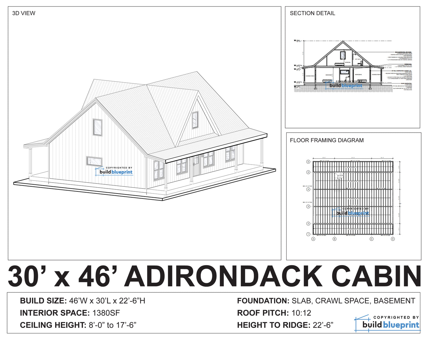 30' x 46' Adirondack Cabin Architectural Plans