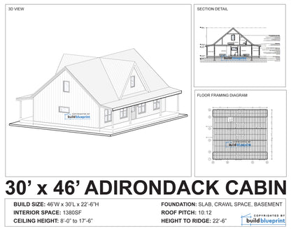 30' x 46' Adirondack Cabin Architectural Plans