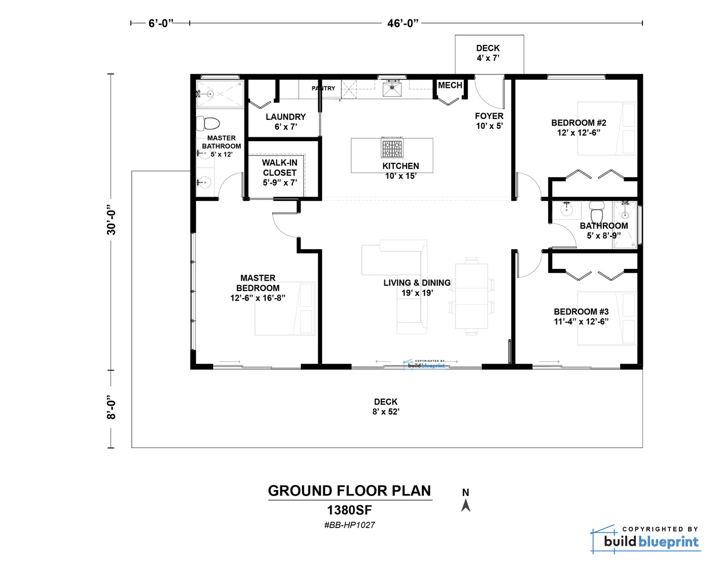 Ground floor plan architectural floor drawing for a 1380 square foot home, showing room layouts, dimensions, and labels for master bedroom, living room, kitchen, bedrooms, bathrooms, laundry, and decks.