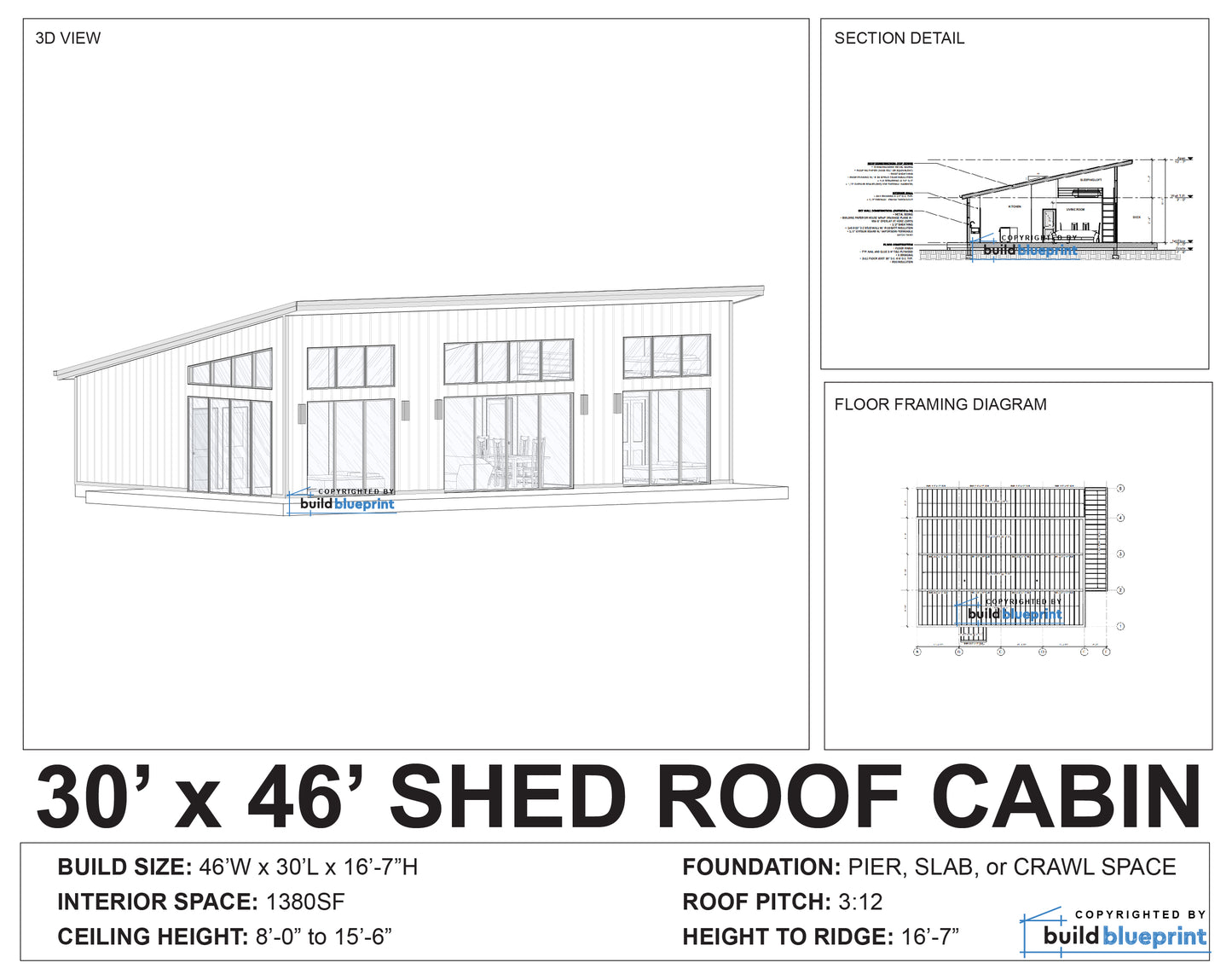 Architectural blueprint and dimension diagram for a 30' x 46' shed roof cabin, showing a 3D view, section detail, floor framing diagram, and specifications including interior space, roof pitch, and foundation options.