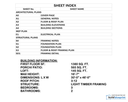 30' x 46' Lean Cottage Architectural Plans