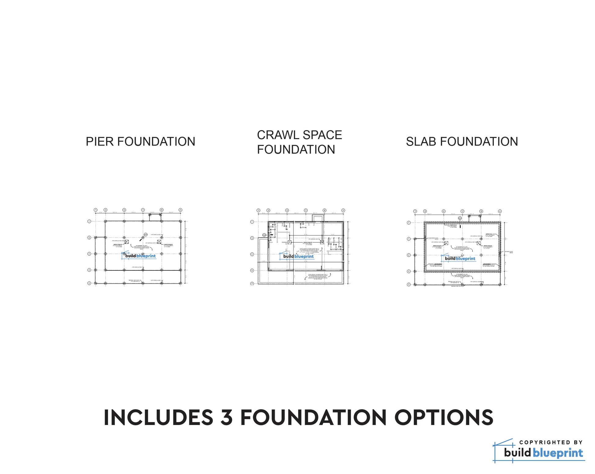 A white informational graphic showing three foundation plan diagrams labeled PIER FOUNDATION, CRAWL SPACE FOUNDATION, and SLAB FOUNDATION, with the text 'INCLUDES 3 FOUNDATION OPTIONS' below and a Build Blueprint logo in the lower right.