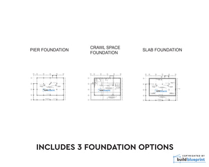 A white informational graphic showing three foundation plan diagrams labeled PIER FOUNDATION, CRAWL SPACE FOUNDATION, and SLAB FOUNDATION, with the text 'INCLUDES 3 FOUNDATION OPTIONS' below and a Build Blueprint logo in the lower right.