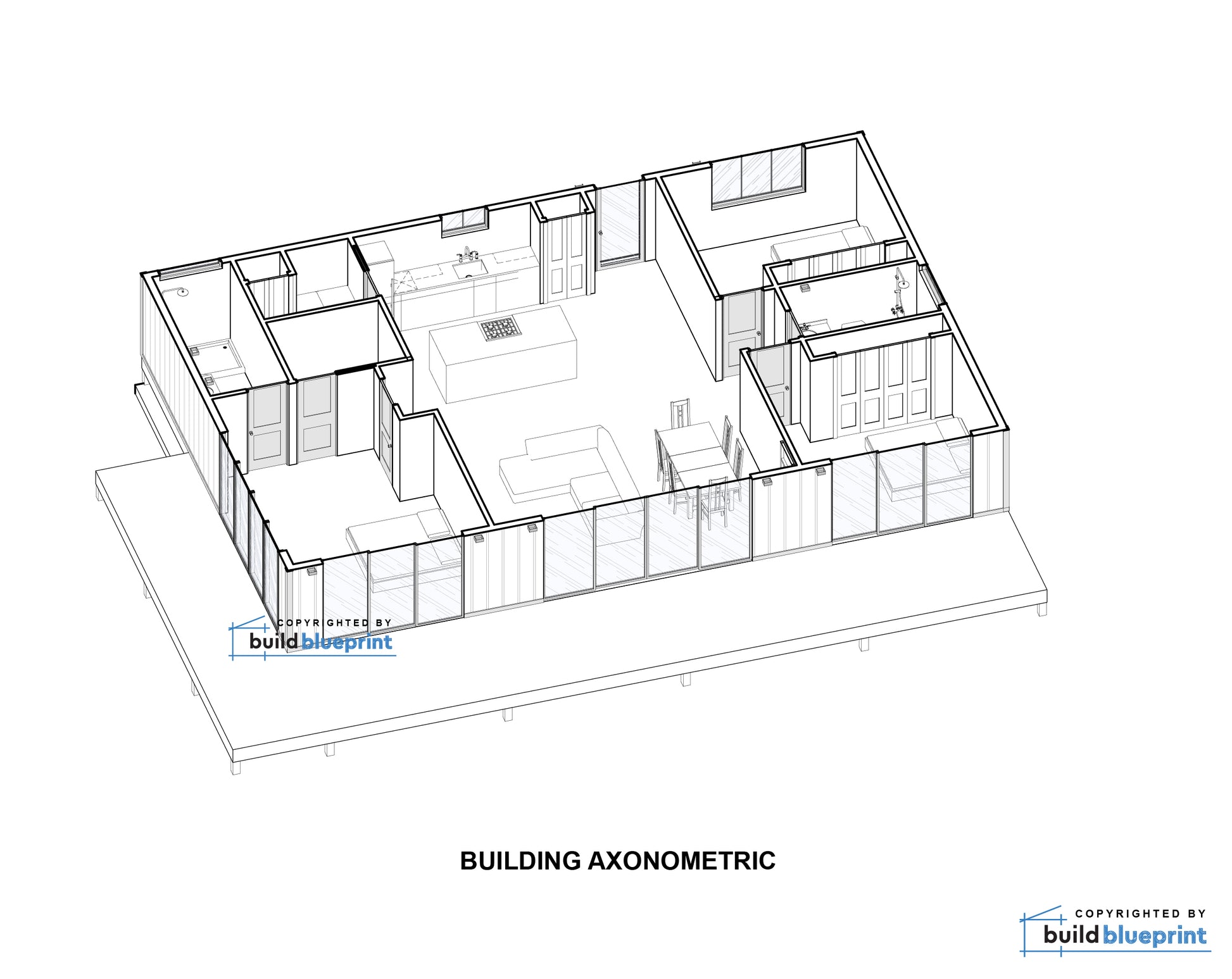 An isometric architectural floor plan drawing showing a house layout with labeled rooms, walls, windows, and interior features on a white background. Text below reads 'BUILDING AXONOMETRIC,' and 'buildblueprint' appears as a copyright watermark/logo.