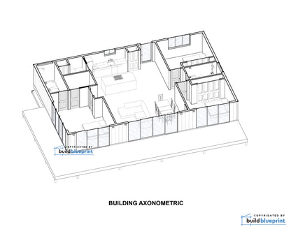 An isometric architectural floor plan drawing showing a house layout with labeled rooms, walls, windows, and interior features on a white background. Text below reads 'BUILDING AXONOMETRIC,' and 'buildblueprint' appears as a copyright watermark/logo.