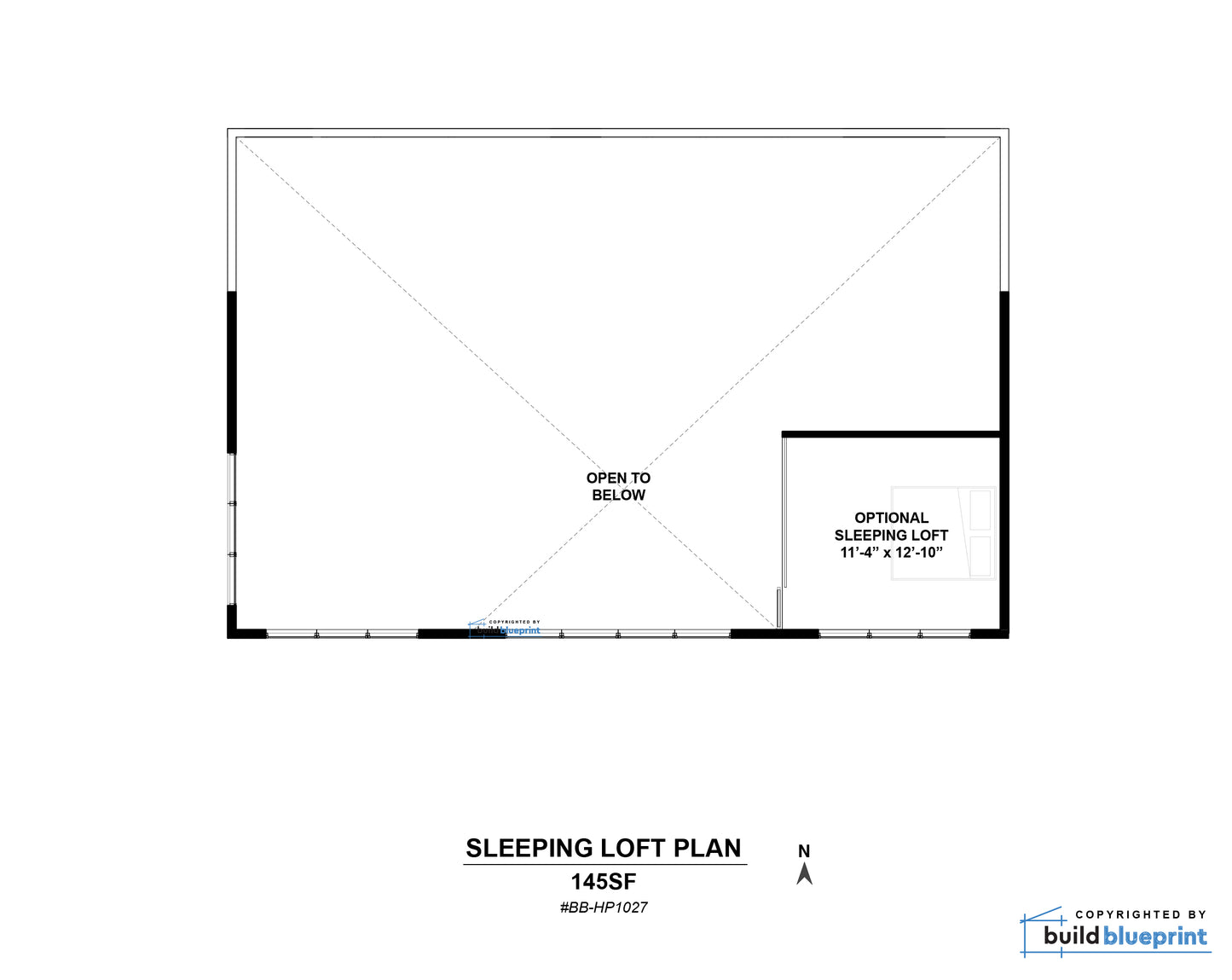 A blueprint-style floor plan labeled 'SLEEPING LOFT PLAN' showing a rectangular room layout with an optional sleeping loft section, dimensions, and a small 'buildblueprint' mark in the lower right.