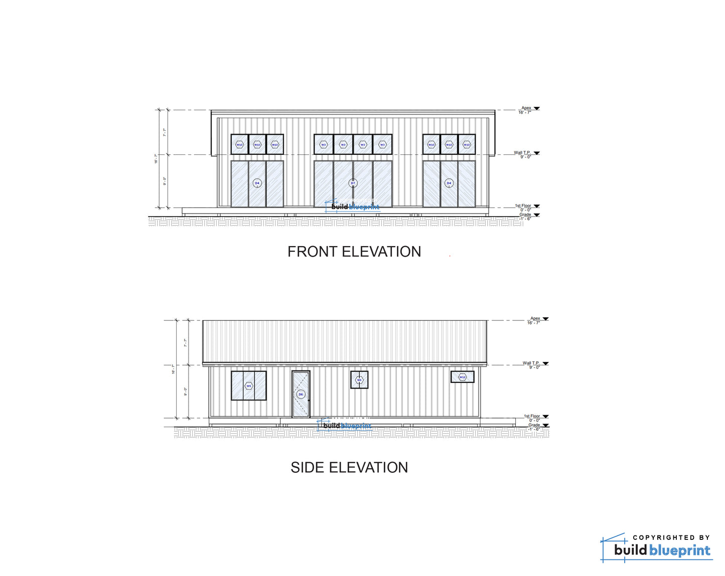 Architectural blueprint showing front and side elevations of a small commercial building or storefront, with dimension annotations and a Build Blueprint logo in the bottom right corner.