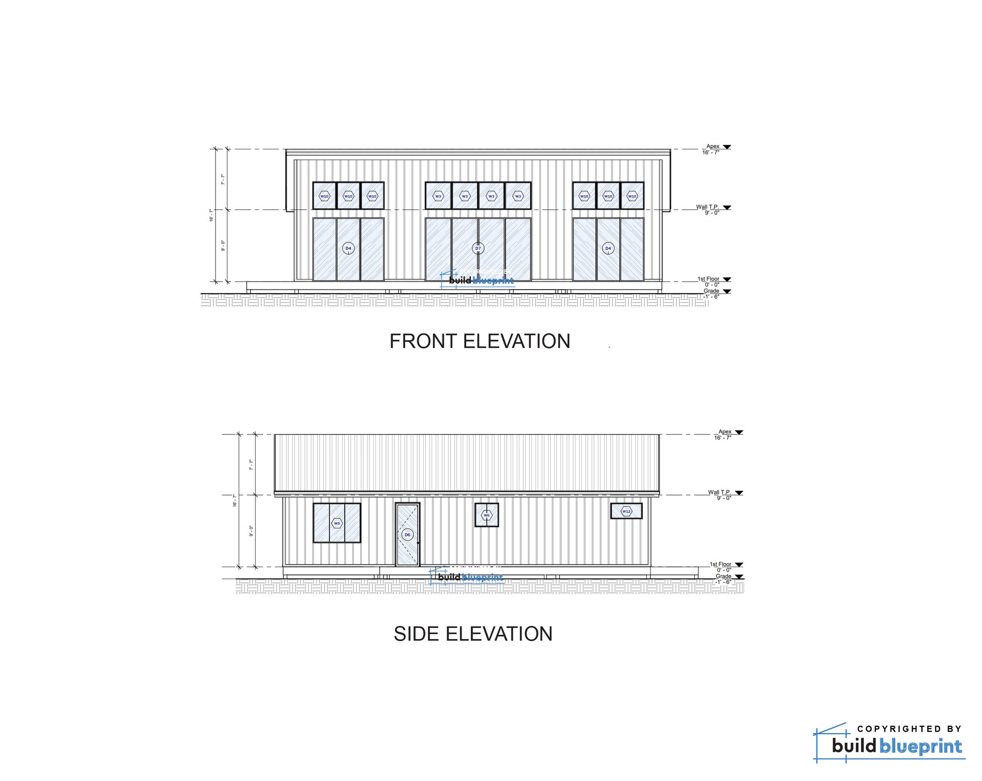 Architectural blueprint showing front and side elevations of a small commercial building or storefront, with dimension annotations and a Build Blueprint logo in the bottom right corner.