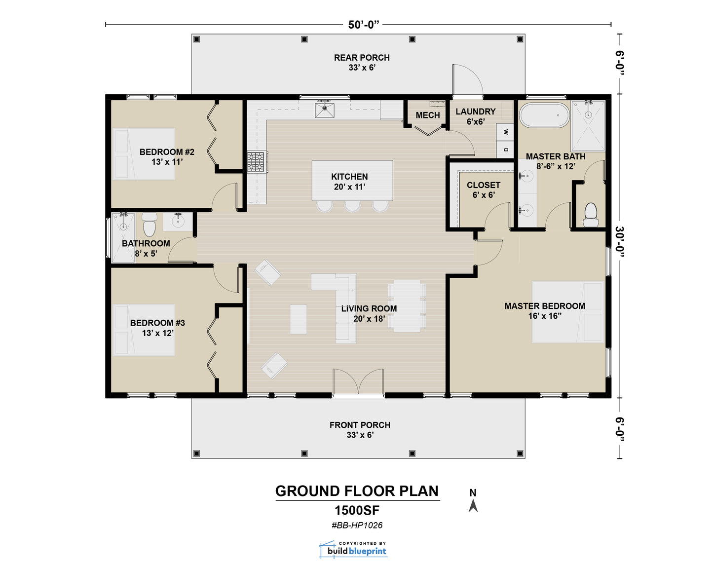 A 1500SF ground floor plan layout diagram showing labeled rooms, dimensions, and architectural features on a white background.