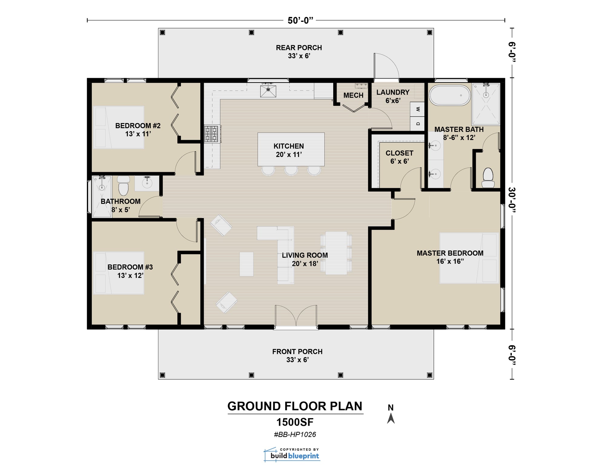 A 1500SF ground floor plan layout diagram showing labeled rooms, dimensions, and architectural features on a white background.