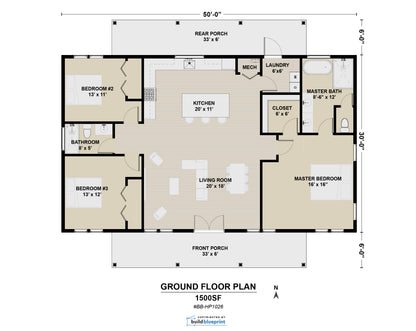 A 1500SF ground floor plan layout diagram showing labeled rooms, dimensions, and architectural features on a white background.