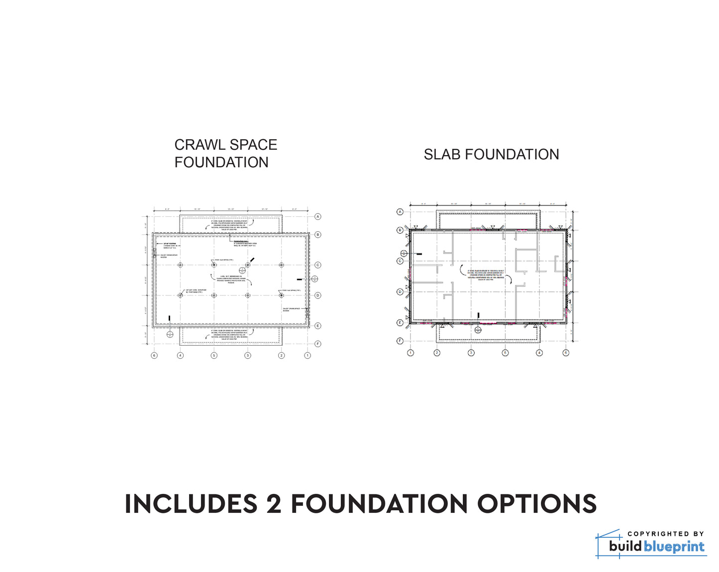 Architectural foundation plan comparison showing two options: Crawl Space Foundation and Slab Foundation, with a text note at the bottom reading 'INCLUDES 2 FOUNDATION OPTIONS' and a Build Blueprint logo in the corner.