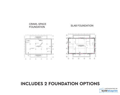 Architectural foundation plan comparison showing two options: Crawl Space Foundation and Slab Foundation, with a text note at the bottom reading 'INCLUDES 2 FOUNDATION OPTIONS' and a Build Blueprint logo in the corner.