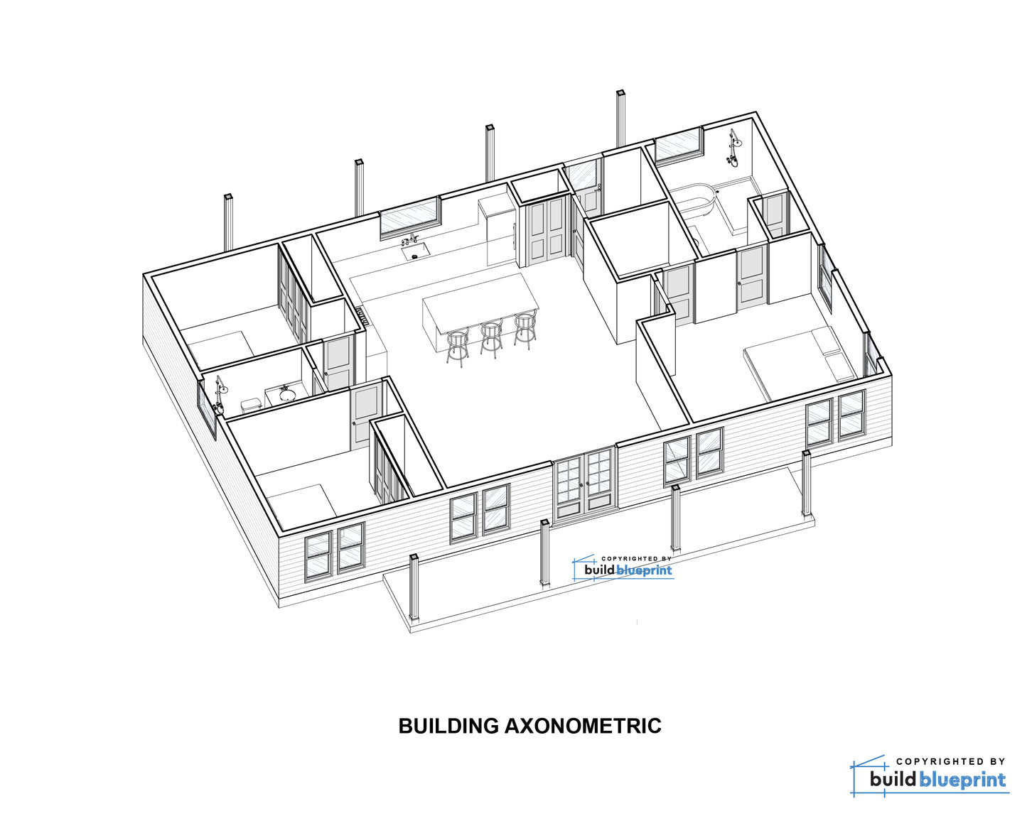 An isometric architectural floor plan drawing showing a house layout with labeled rooms, windows, and structural elements on a white background. Text below reads 'BUILDING AXONOMETRIC,' and a small 'buildblueprint' mark appears near the lower right of the plan.
