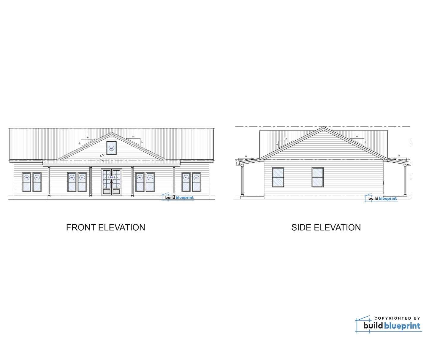 Architectural house elevation drawings showing front and side elevations with line illustrations, labeled 'FRONT ELEVATION' and 'SIDE ELEVATION', on a white background with a BuildBlueprint logo in the lower right.