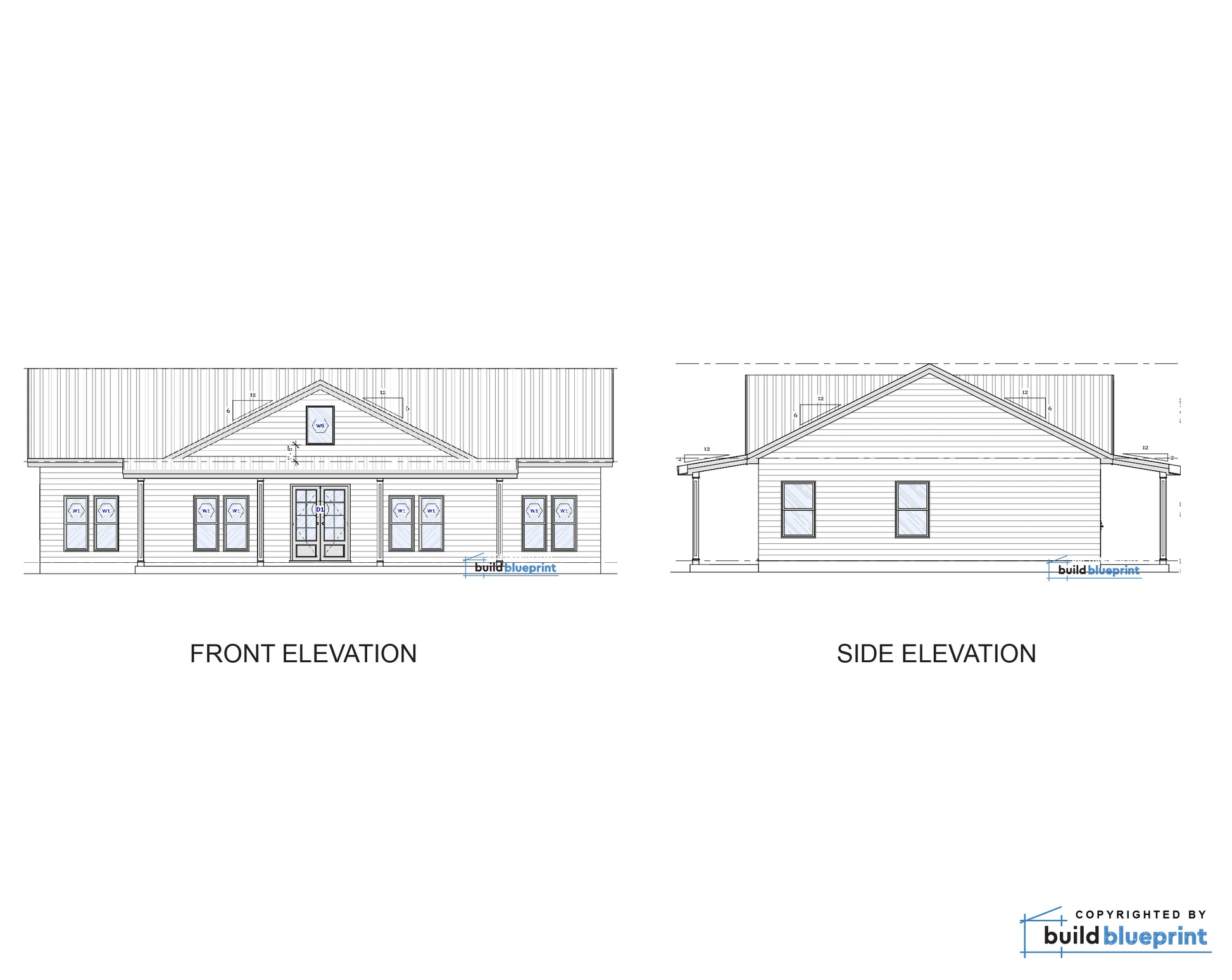 Architectural house elevation drawings showing front and side elevations with line illustrations, labeled 'FRONT ELEVATION' and 'SIDE ELEVATION', on a white background with a BuildBlueprint logo in the lower right.