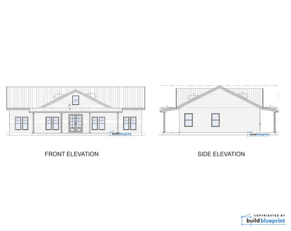 Architectural house elevation drawings showing front and side elevations with line illustrations, labeled 'FRONT ELEVATION' and 'SIDE ELEVATION', on a white background with a BuildBlueprint logo in the lower right.