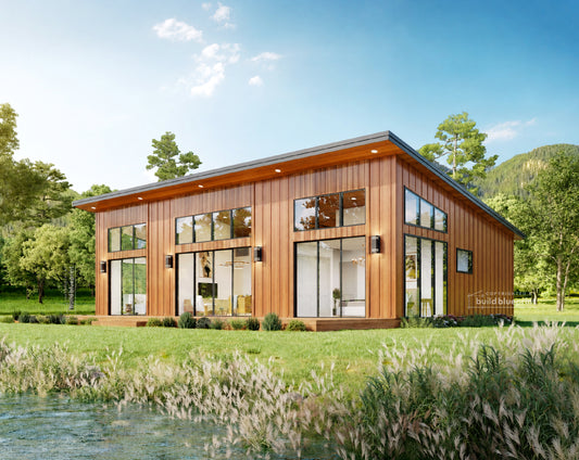 A modern single-story cabin with dark charcoal metal siding, large floor-to-ceiling windows, and a wooden roof trim, situated on a grassy bank next to a clear stream under a blue sky with trees in the background.