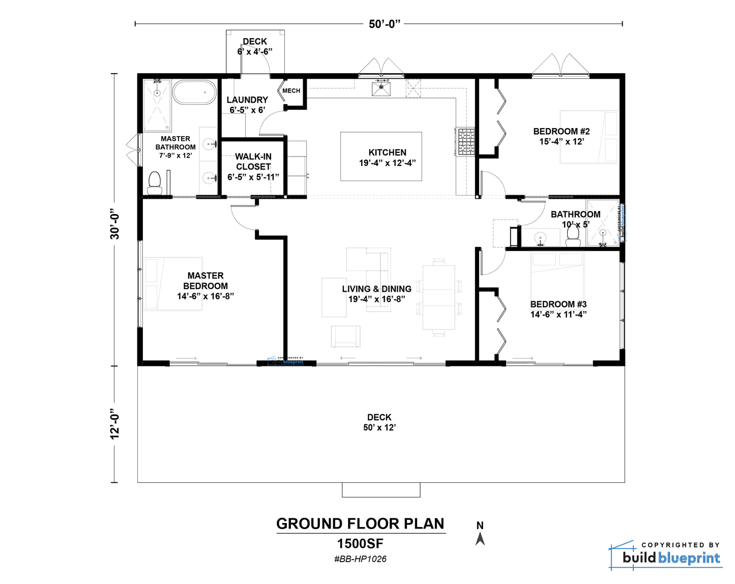 A floor plan layout diagram for a 1500SF ground floor plan, showing room labels, dimensions, and a north arrow on a white background with a Build Blueprint logo.