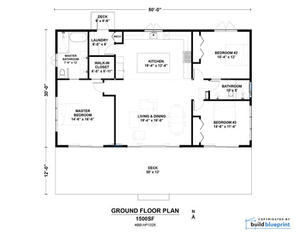 A floor plan layout diagram for a 1500SF ground floor plan, showing room labels, dimensions, and a north arrow on a white background with a Build Blueprint logo.