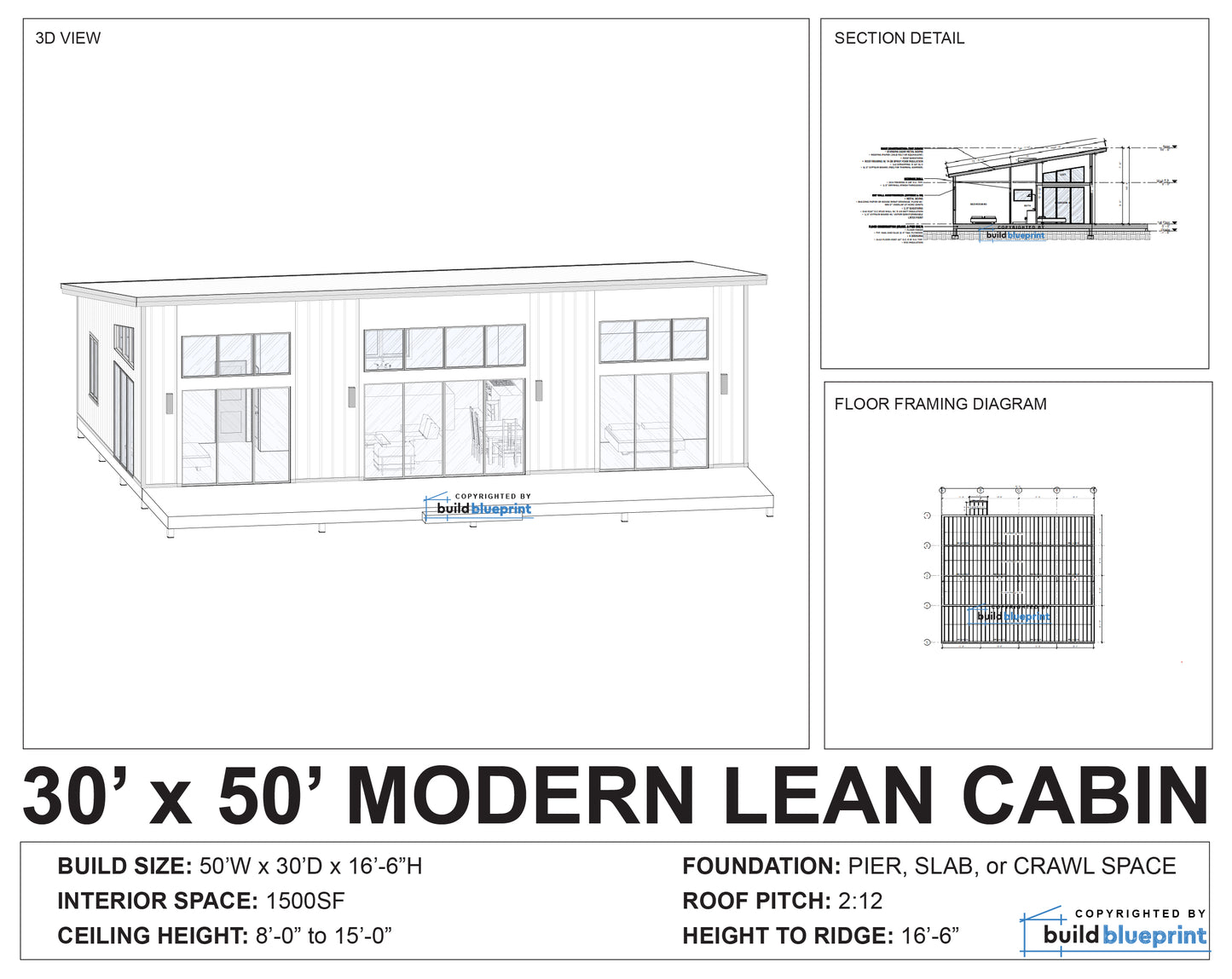 Architectural blueprint and dimension diagram of a modern lean cabin, showing a 3D perspective view, section detail, floor framing diagram, and specifications for a 30' x 50' cabin.