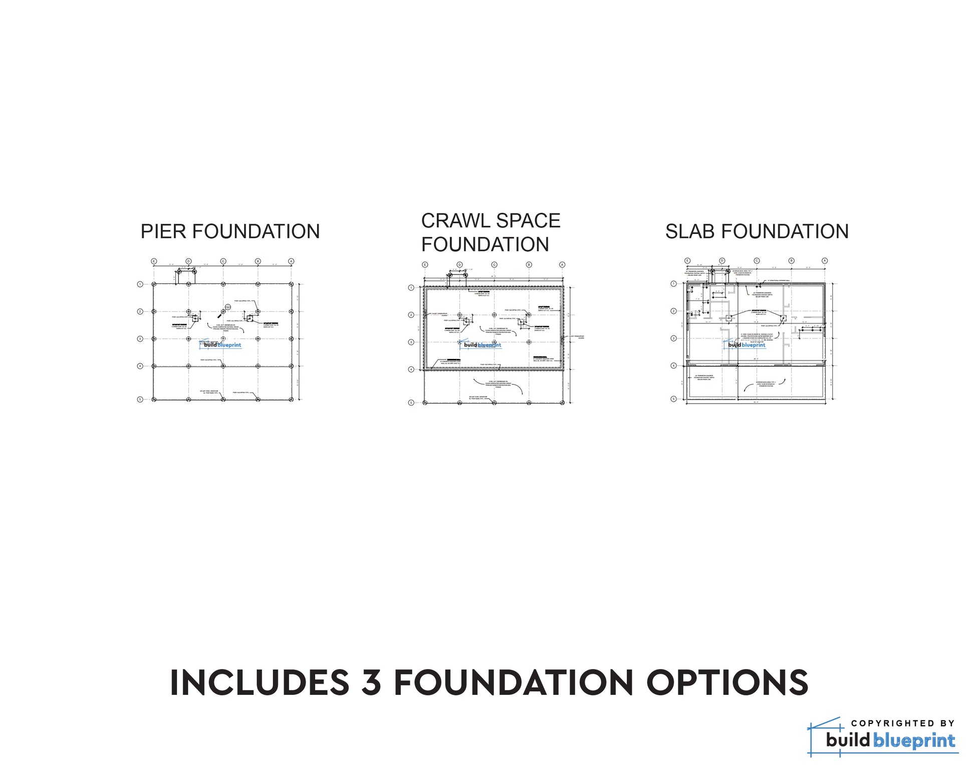 A white informational graphic showing three architectural foundation plan diagrams labeled PIER FOUNDATION, CRAWL SPACE FOUNDATION, and SLAB FOUNDATION, with the text 'INCLUDES 3 FOUNDATION OPTIONS' below and a 'buildblueprint' mark in the lower right.