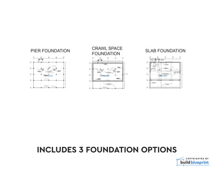 A white informational graphic showing three architectural foundation plan diagrams labeled PIER FOUNDATION, CRAWL SPACE FOUNDATION, and SLAB FOUNDATION, with the text 'INCLUDES 3 FOUNDATION OPTIONS' below and a 'buildblueprint' mark in the lower right.